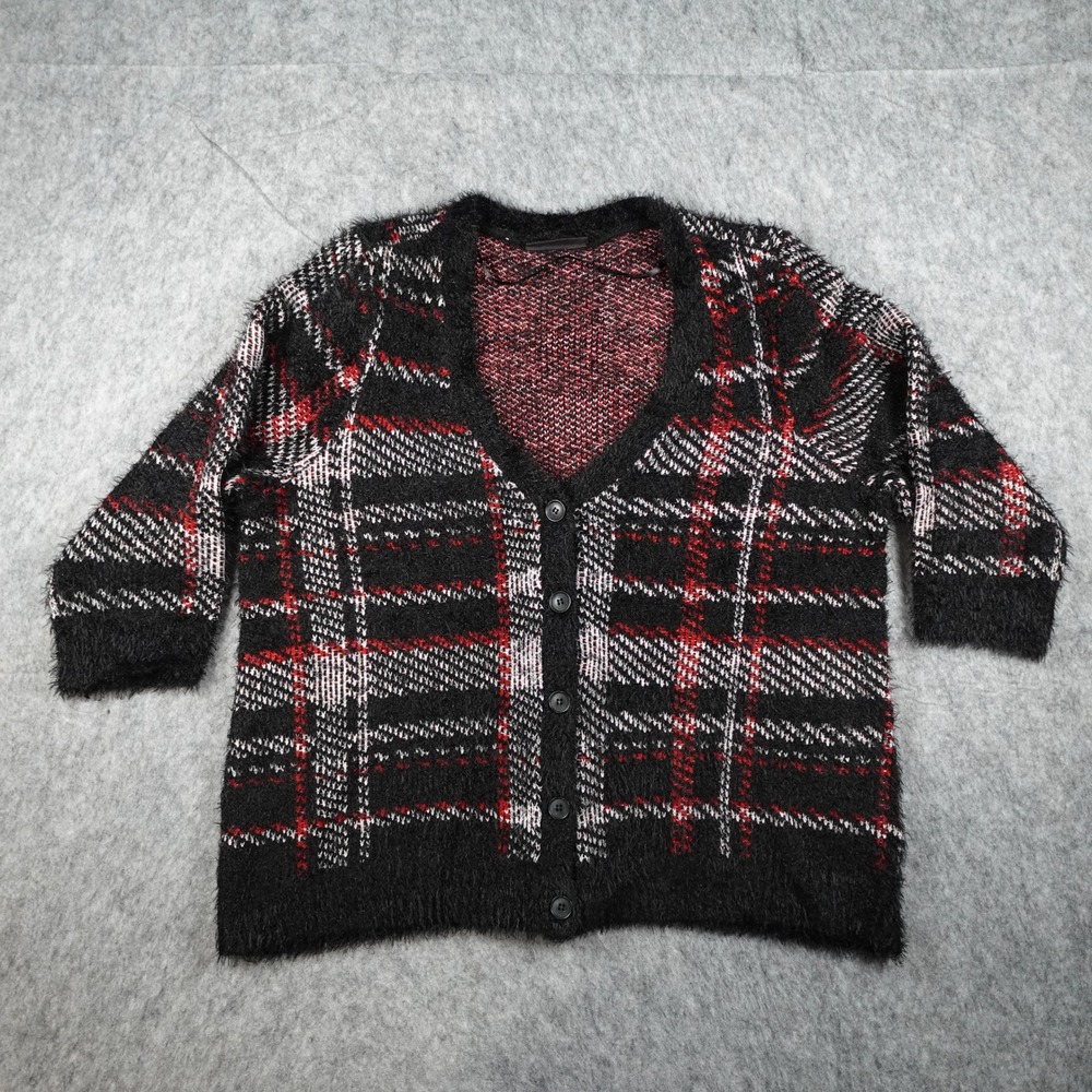 Lane‎ Bryant Cardigan Women 18/20 Black Plaid Fuzzy Knit Button VNeck Sweater